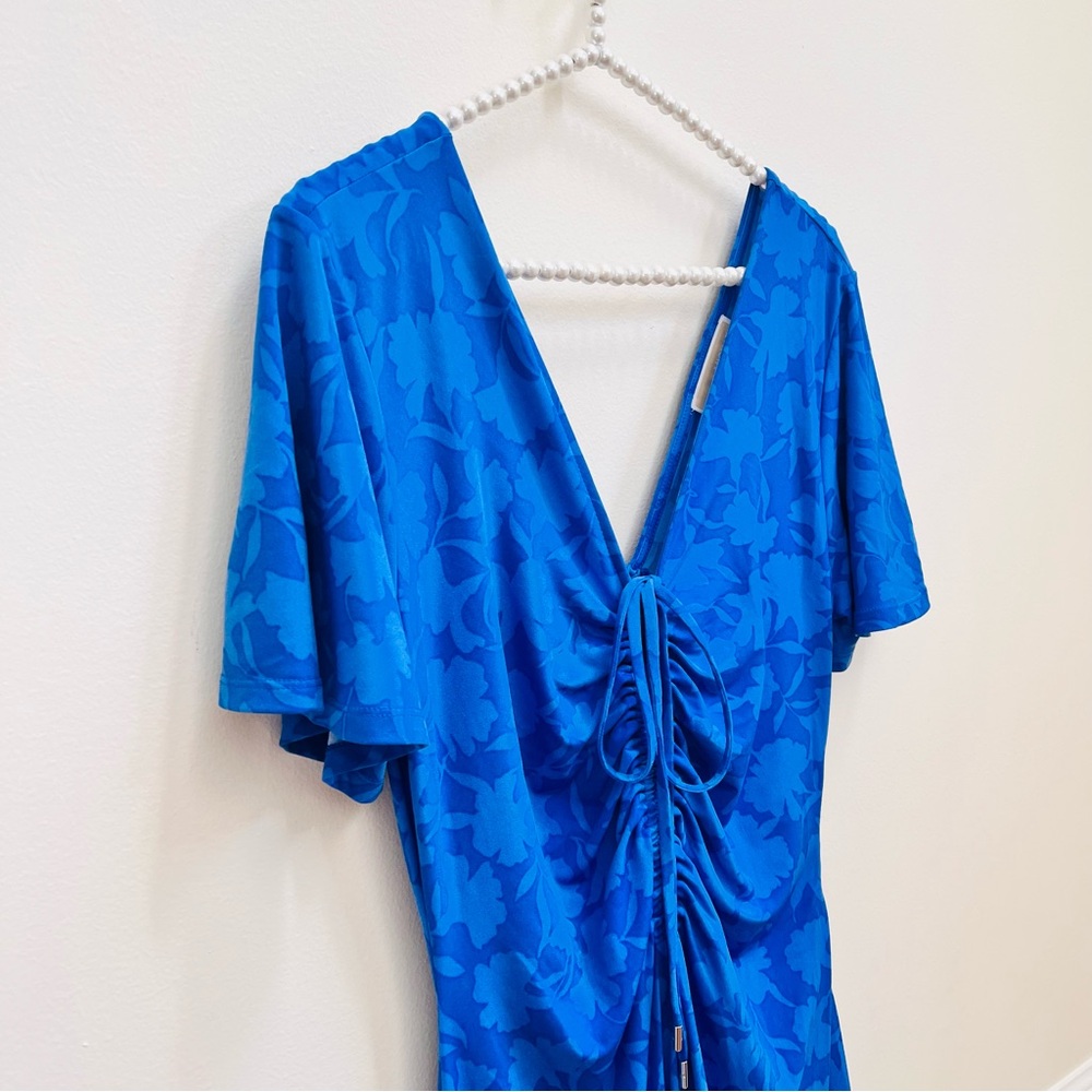 Michael Kors Blue Floral Ruched Flutter Sleeve Midi Dress - Picture 7 of 13